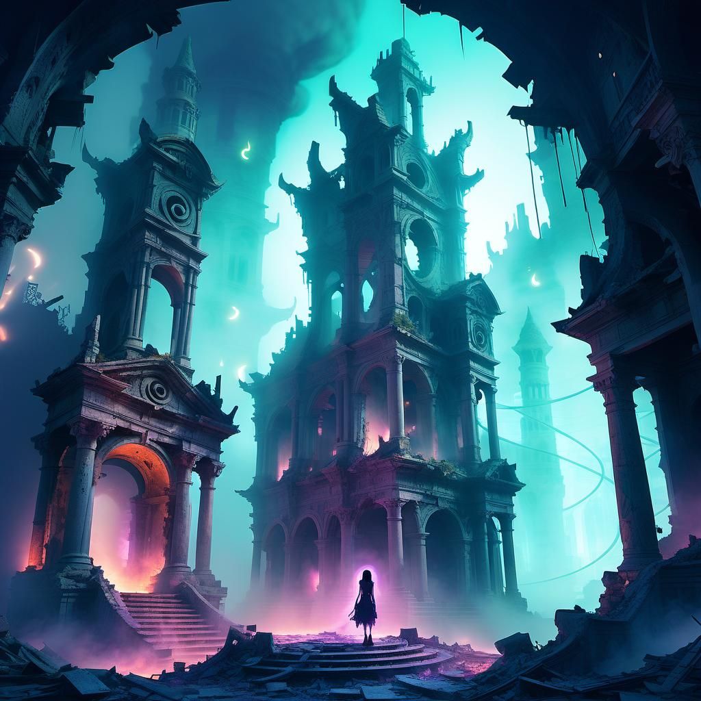 Fantasy City Ruins with Lonely Traveler