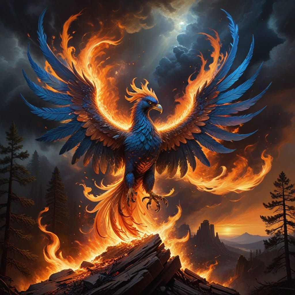 Phoenix Rebirth Oil Painting from Burning Forest