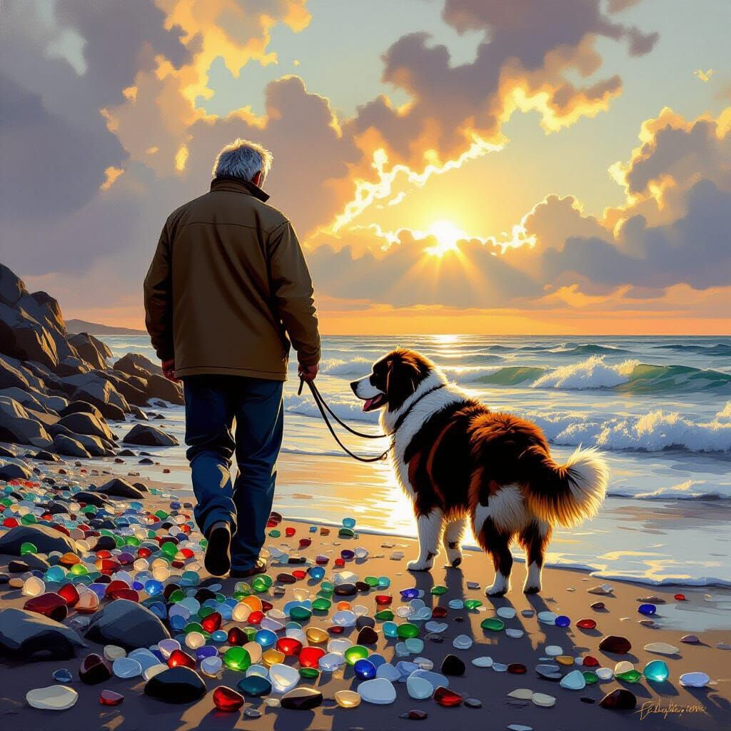 Golden Hour Beach Walk: Man, St. Bernard, and Sea Glass