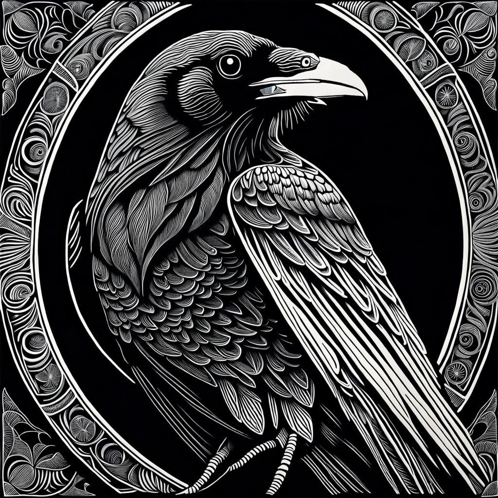 Detailed Black and White Linocut Raven
