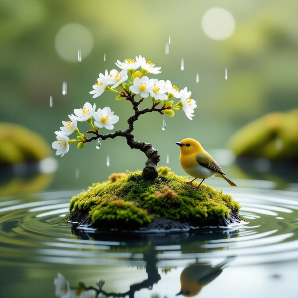 Zen Bonsai Tree with Golden Bird in Ethereal Spring Glow