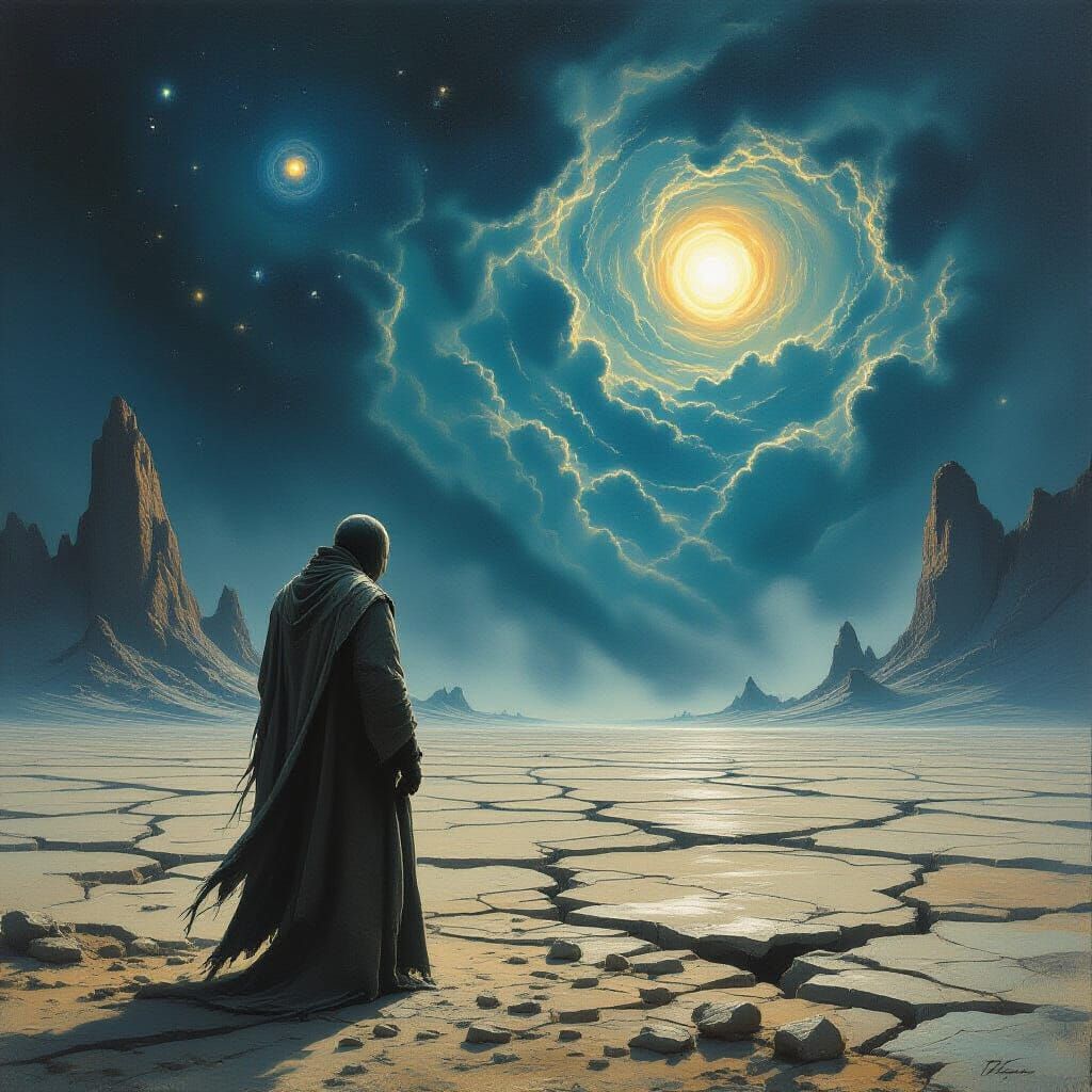 Man Contemplates Cosmic Void on Alien Plain