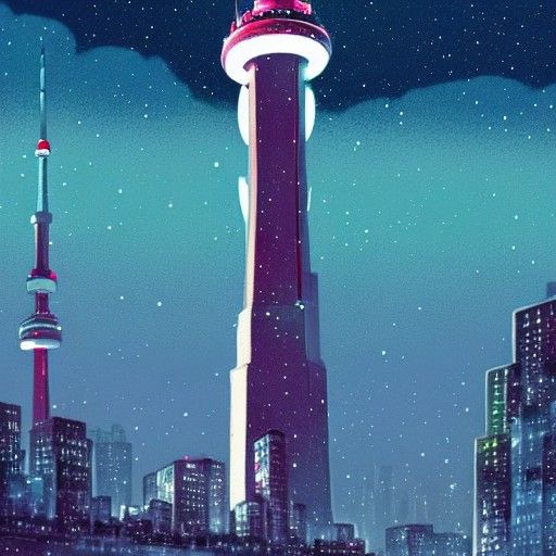 Snowy Toronto CN Tower in Anime Art Style