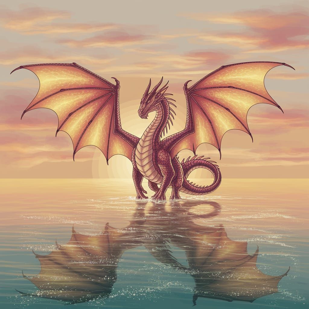 Majestic Dragon Emerges from Sunset Horizon