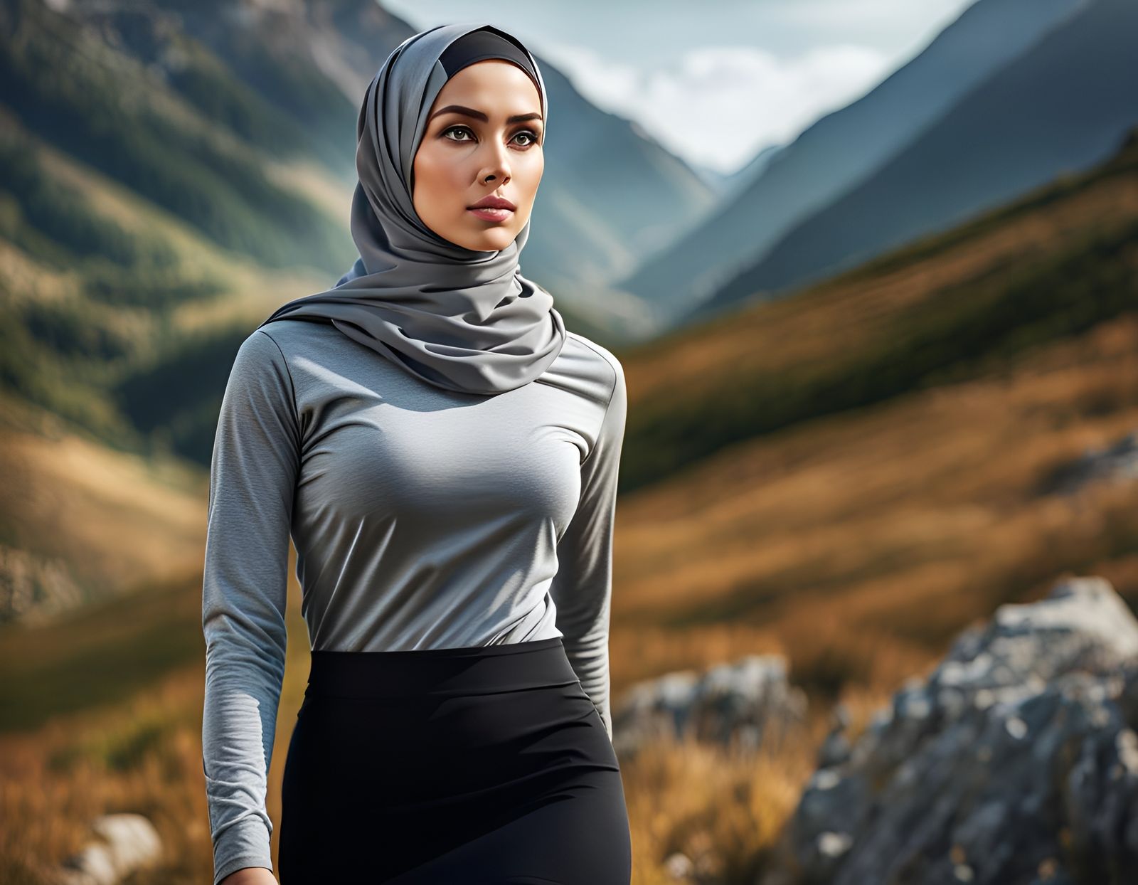 European Hijabi Woman Hiking in Mountains