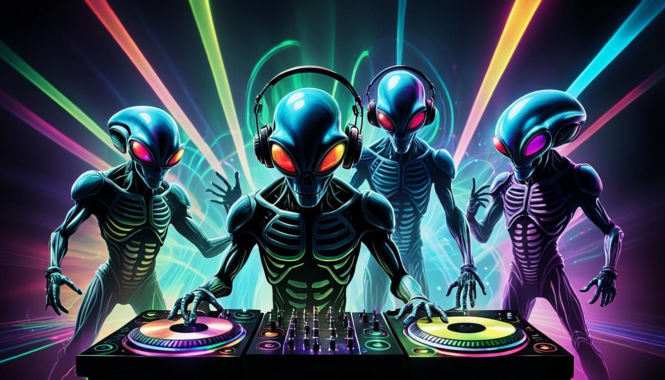 Psychedelic Alien DJ Dance Party in X-Ray Silhouette