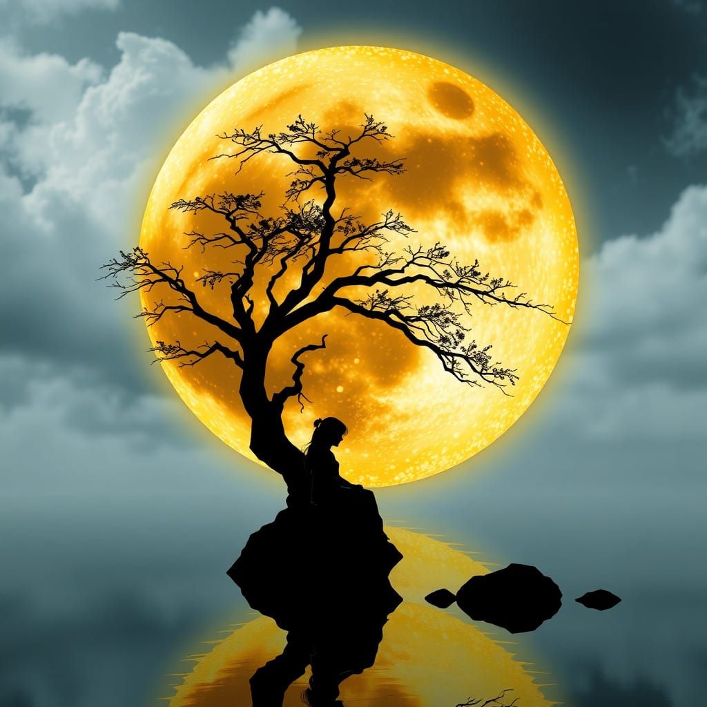 Golden Lunar Tornado in Serene Zen Landscape