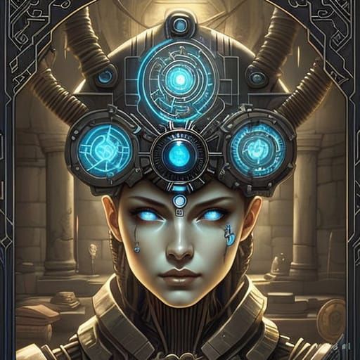 Ethereal Cybernetic Oracle on a Futuristic Relic Card