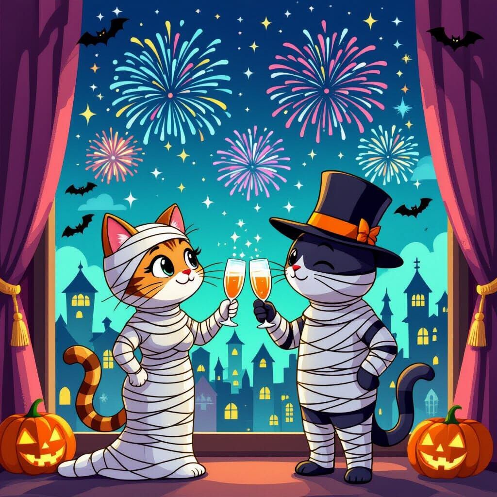 Cute Cat Couple in Mummy Costumes Watching Fireworks