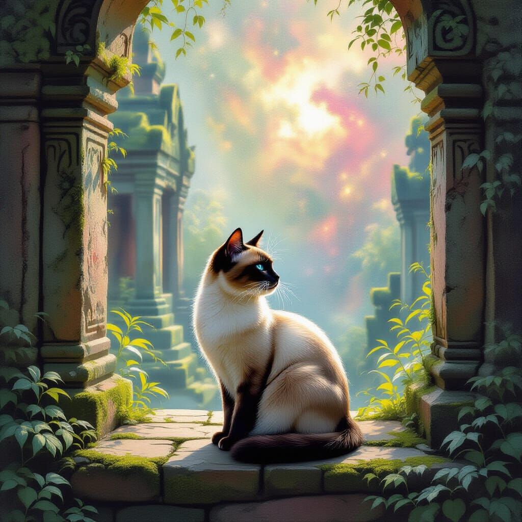 Siamese Cat in Cosmic Sanctuary, Impressionist Style