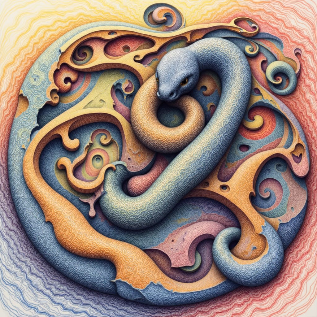 Escher-Style Serpent Art with Intricate Linework