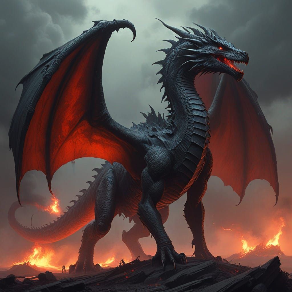 Dark Fantasy Dragon Towers Over Mysterious Landscape