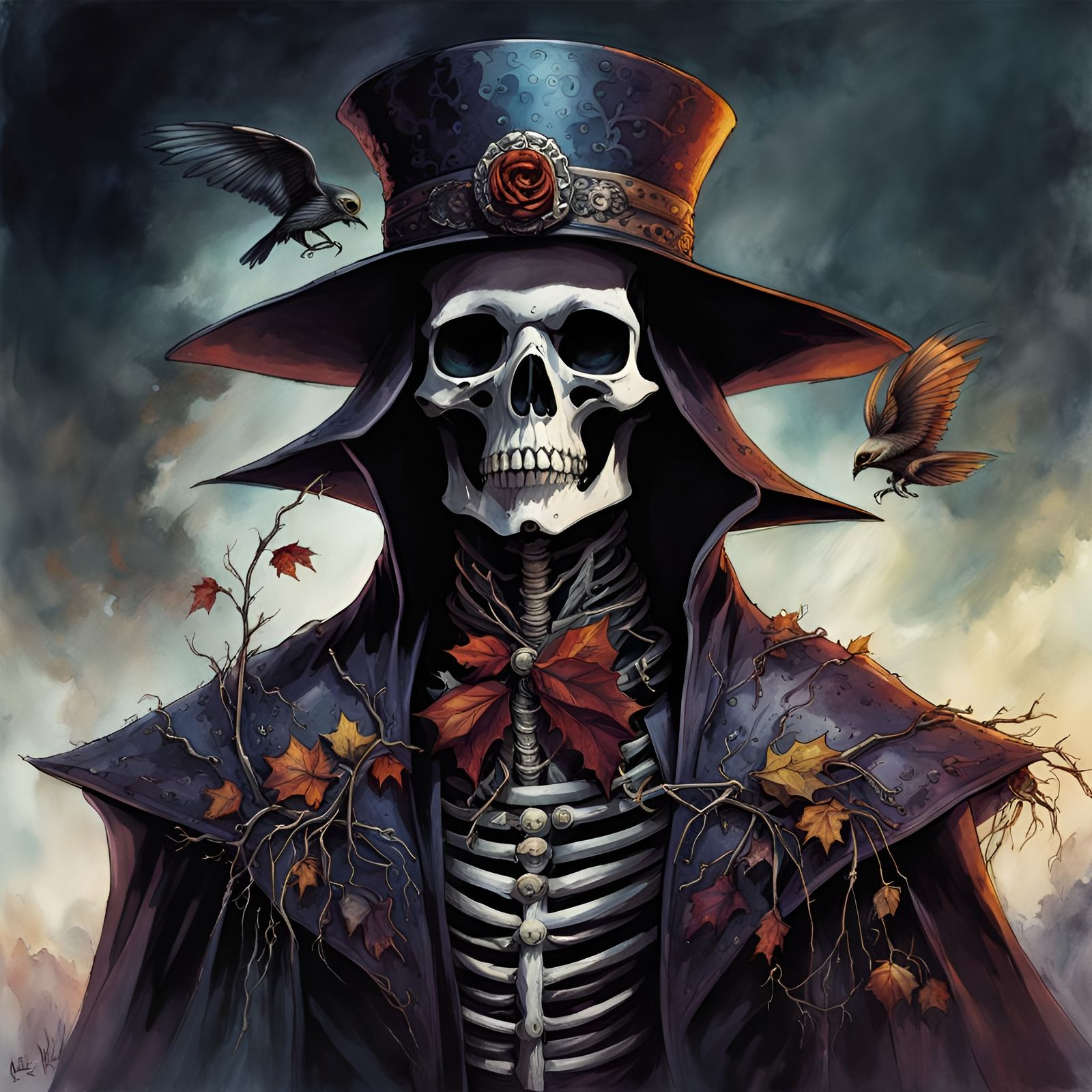 Evil Skeleton Lich-Mage with Magic Cat, Watercolor Art