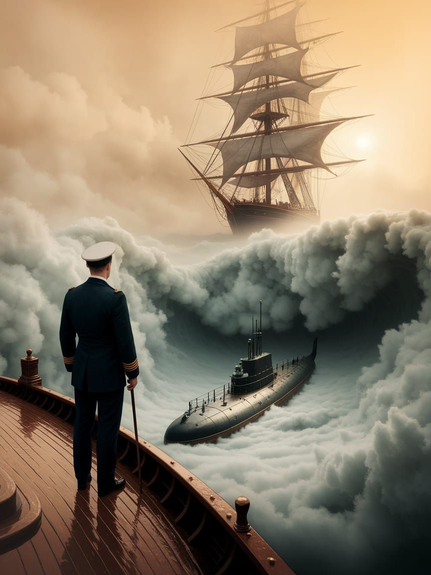 Captain Peers into Fog Above Submarine in Watercolor Style