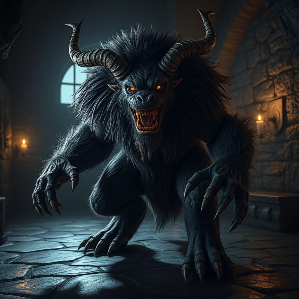 Menacing Horned Creature in Dimly Lit Chamber