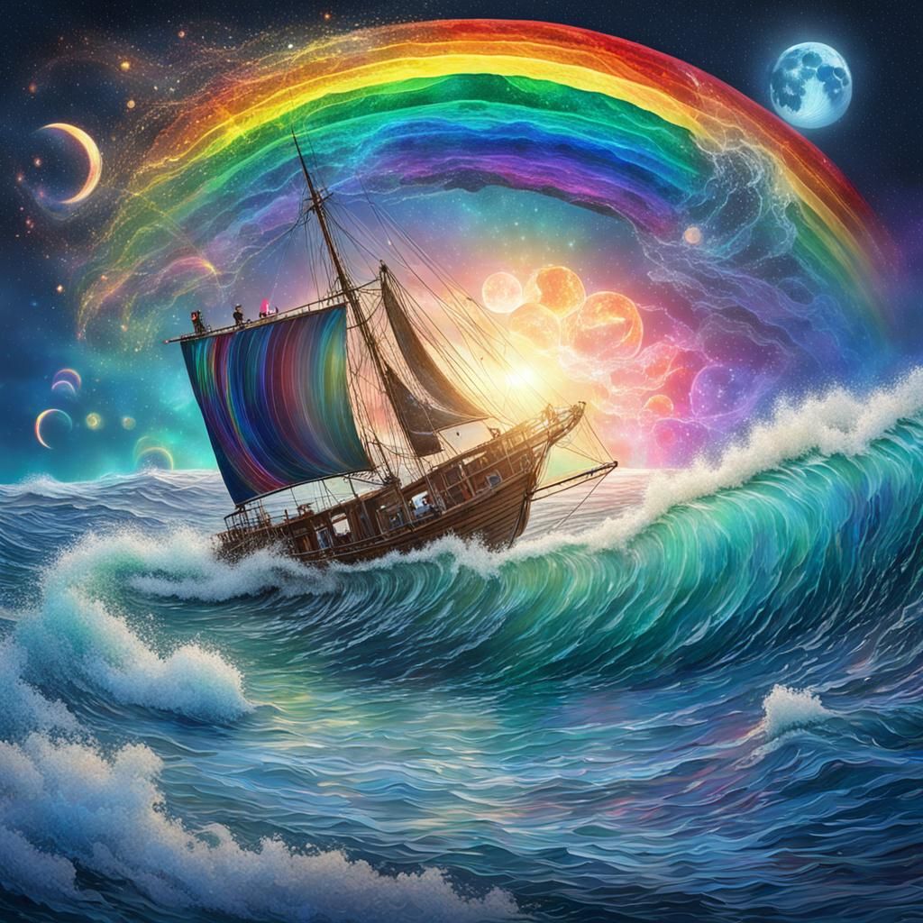 Boat on Ocean with Rainbow Moon, Astral Illustration