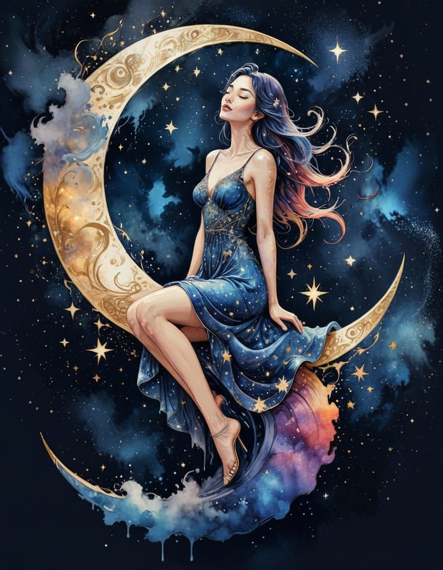 Moon Woman in Starry Dress on Crescent Moon, Splash Art Styl...
