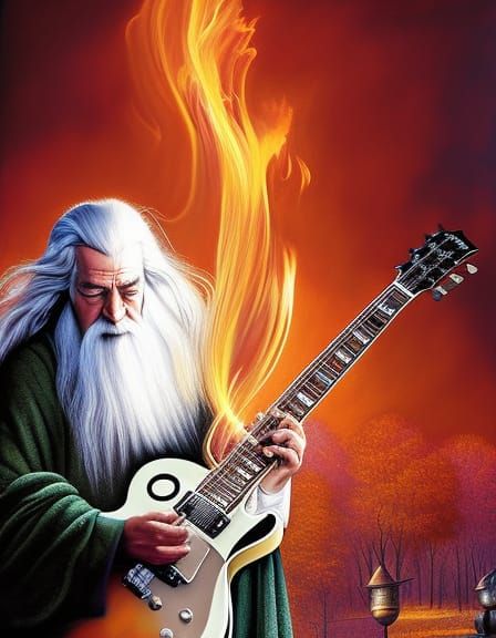 Gandalf Shreds on Guitar in Fantasy Art Style