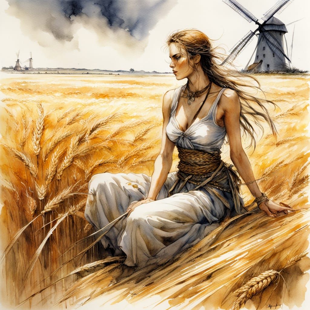 Golden Wheat Field: Watercolor Comic Style