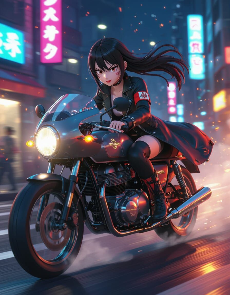 Anime Girl Rides Royal Enfield in Neon Night Streets