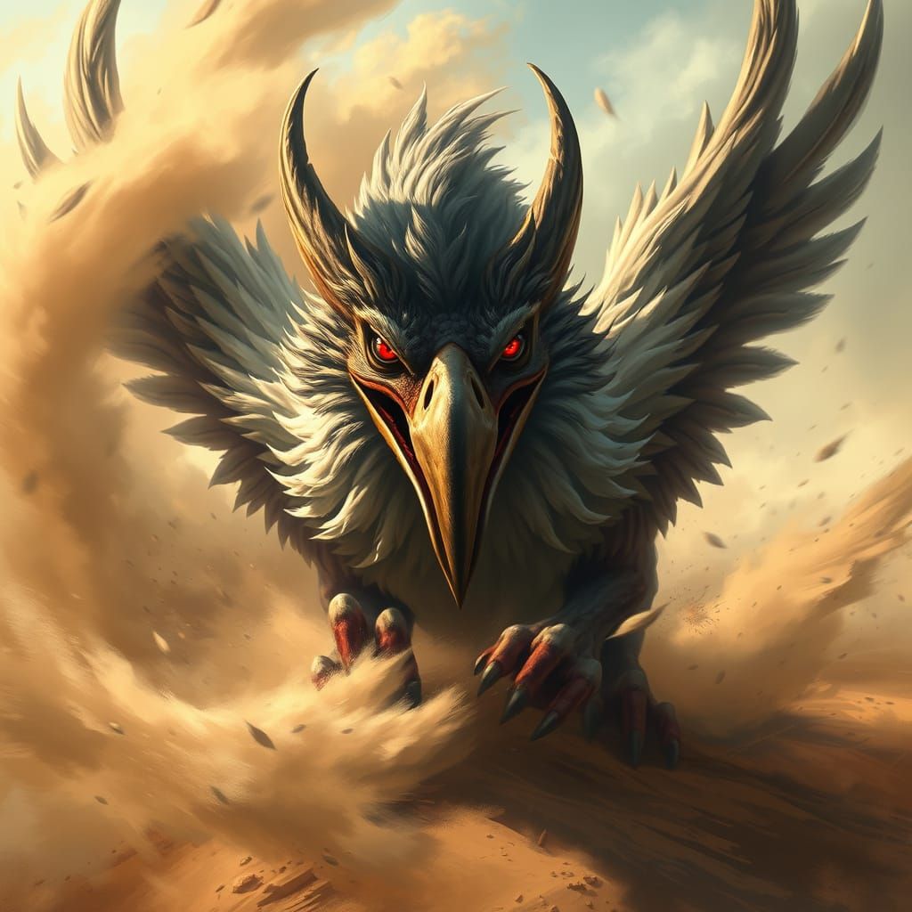 Majestic Griffin Emerges from Dusty Storm