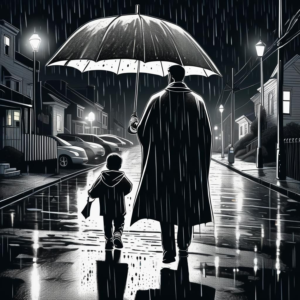 Rainy Street Scene with Tired Man