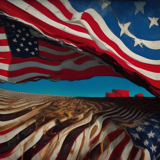 Distorted American Flag in Dreamlike Oil Painting