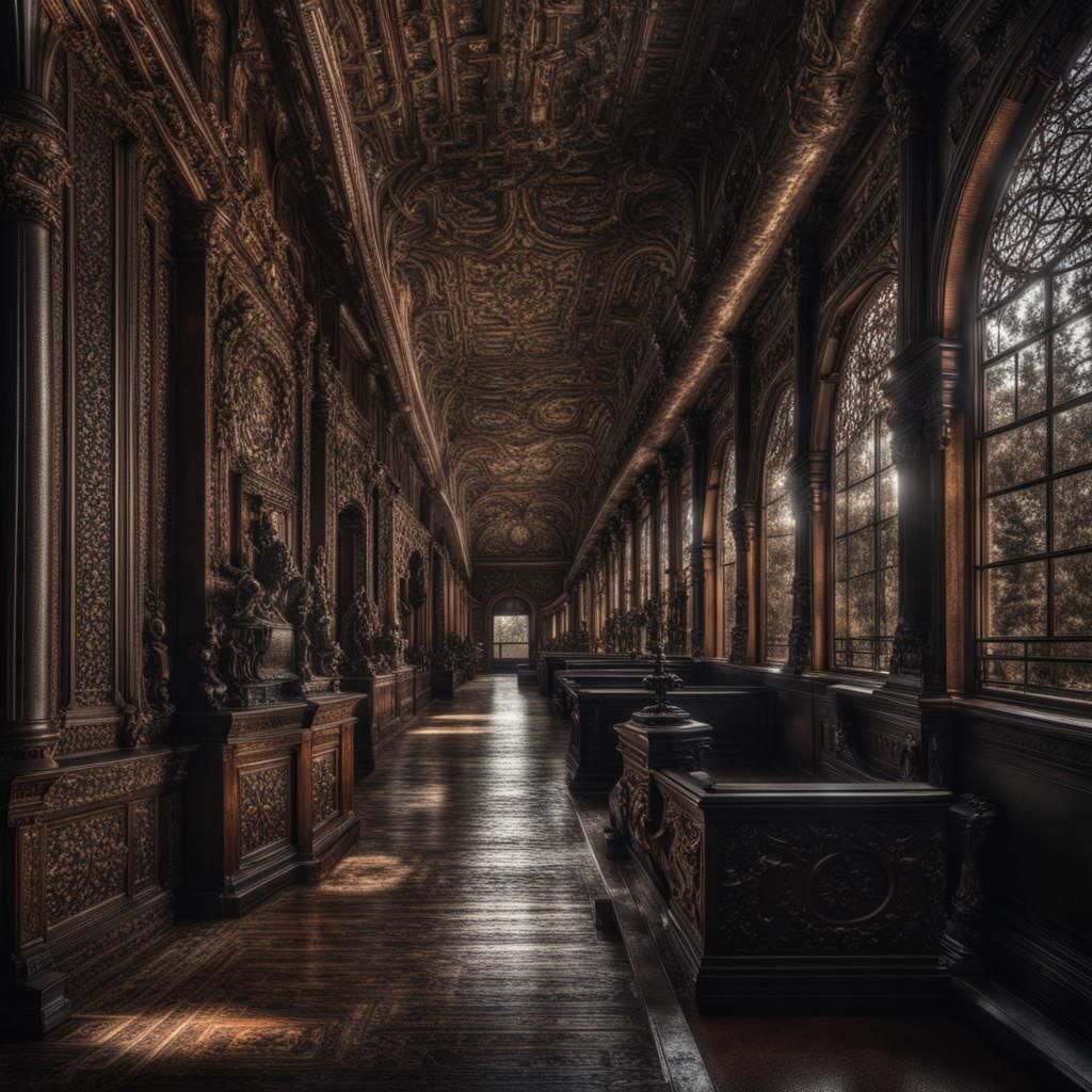 Stately Hallway with Exquisite Woodwork in HDR