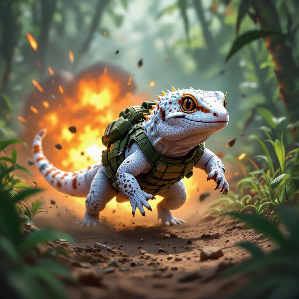 White Gecko in Military Gear Escapes Jungle Explosion