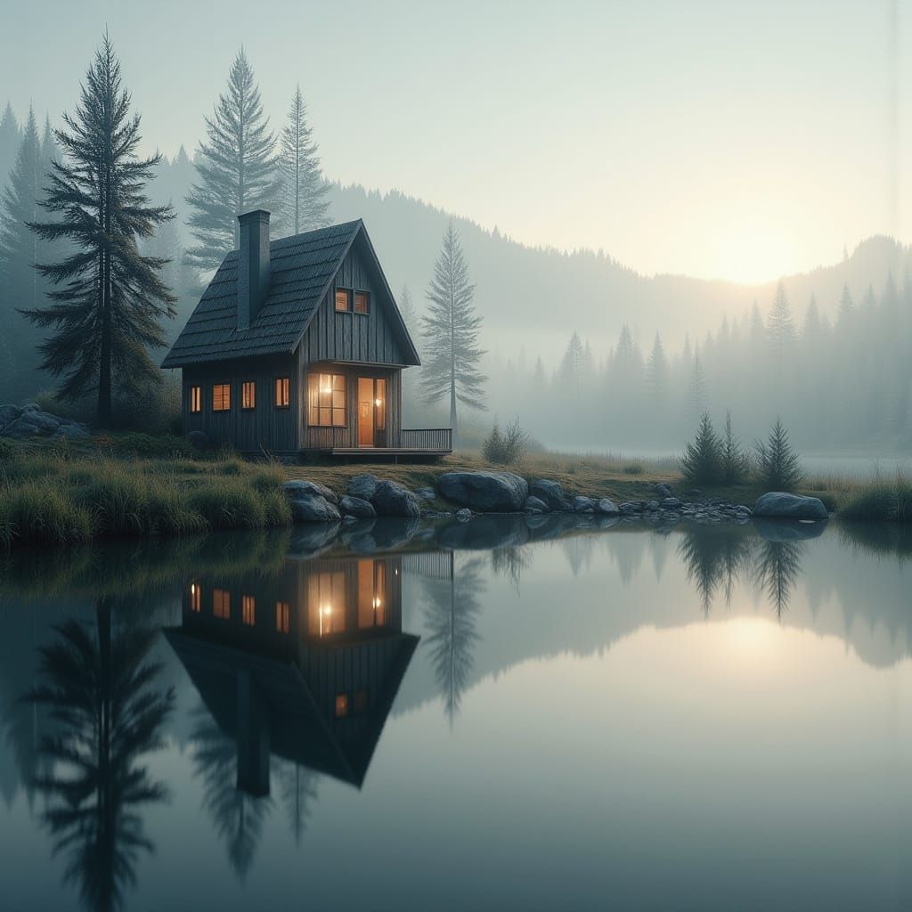 Cozy Minimalist Cabin at Dawn by Serene Lake