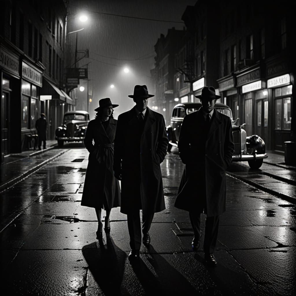 Film noir style. Medium shot. A lone couple stands on a diml...
