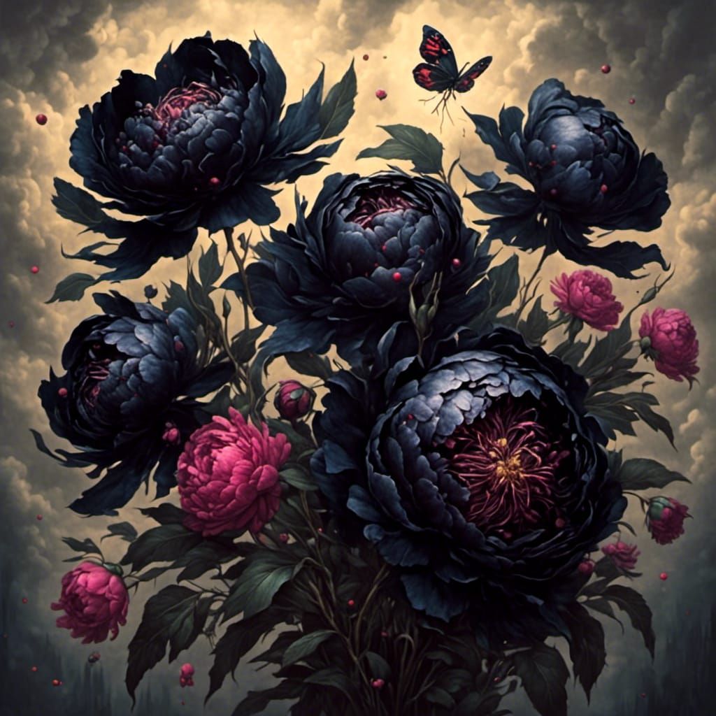 Black Peonies Bouquet Still Life in Illustrative Style