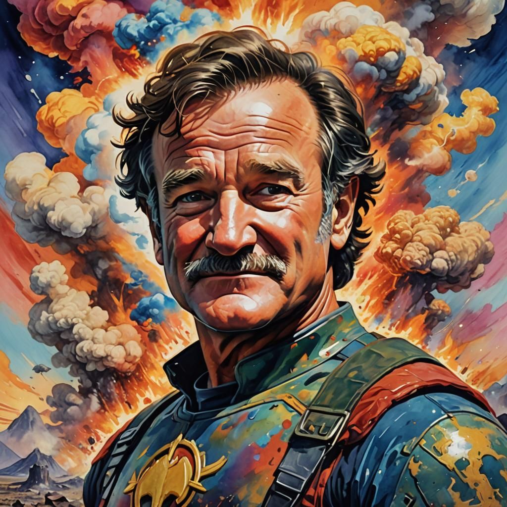 Epic Superhero in Wasteland Sunset: Gouache Impressionism