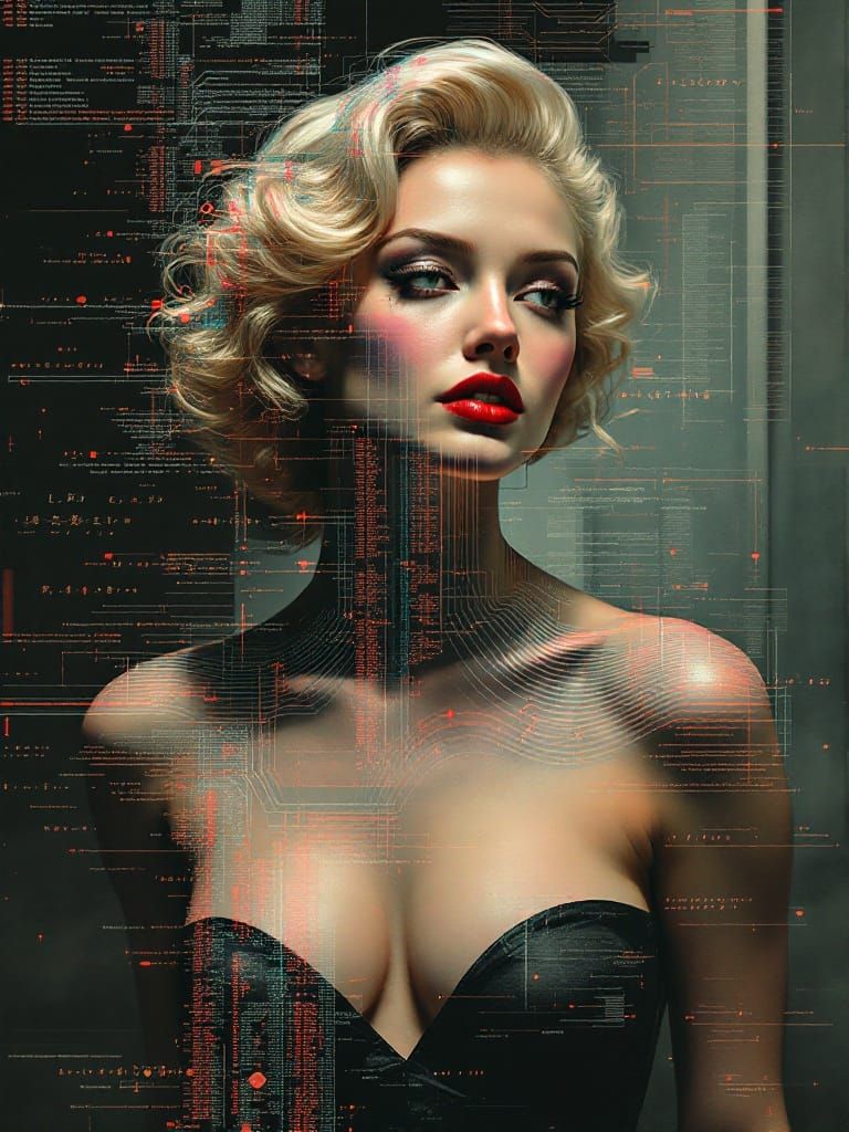 Ryoji Ikeda-Inspired Glitch Portrait of 1950s Woman