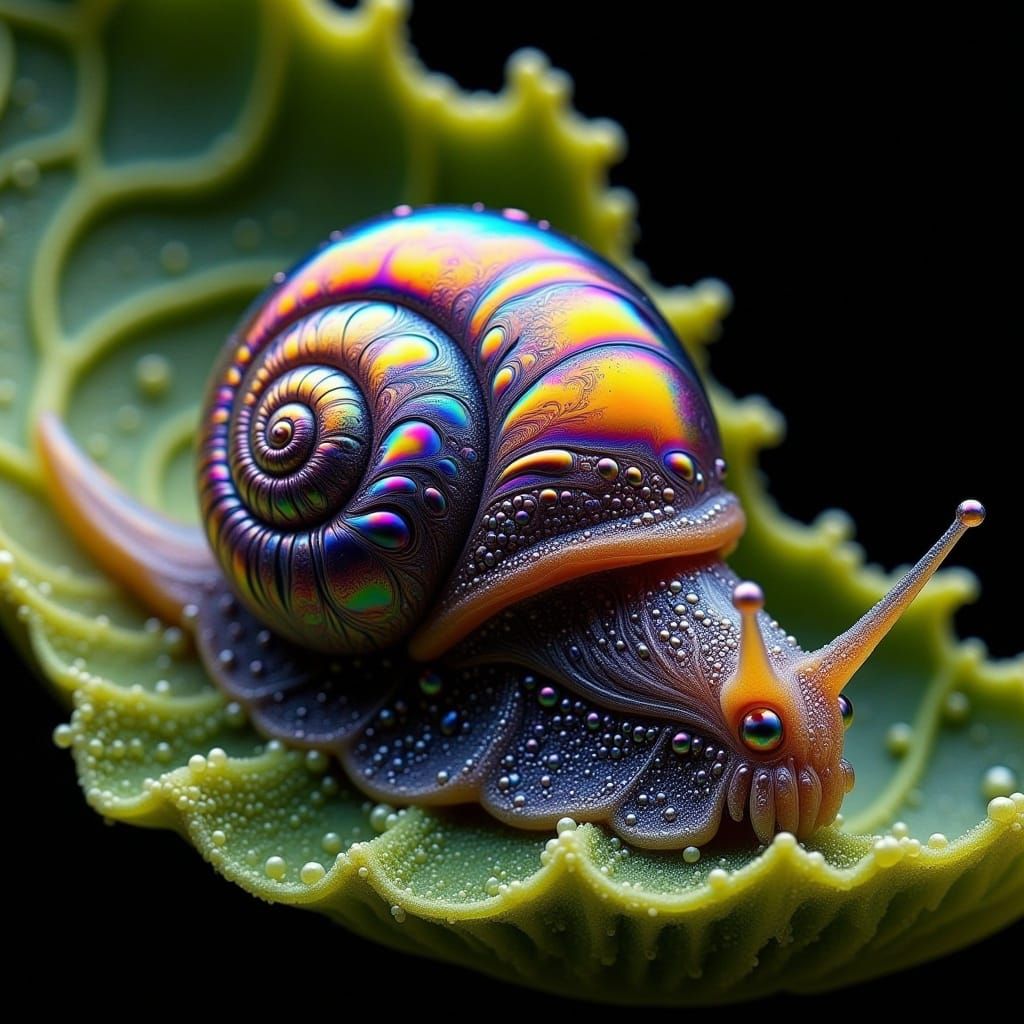 Iridescent Snail Adorns a Lush Green Leaf in Hyper-Realistic...