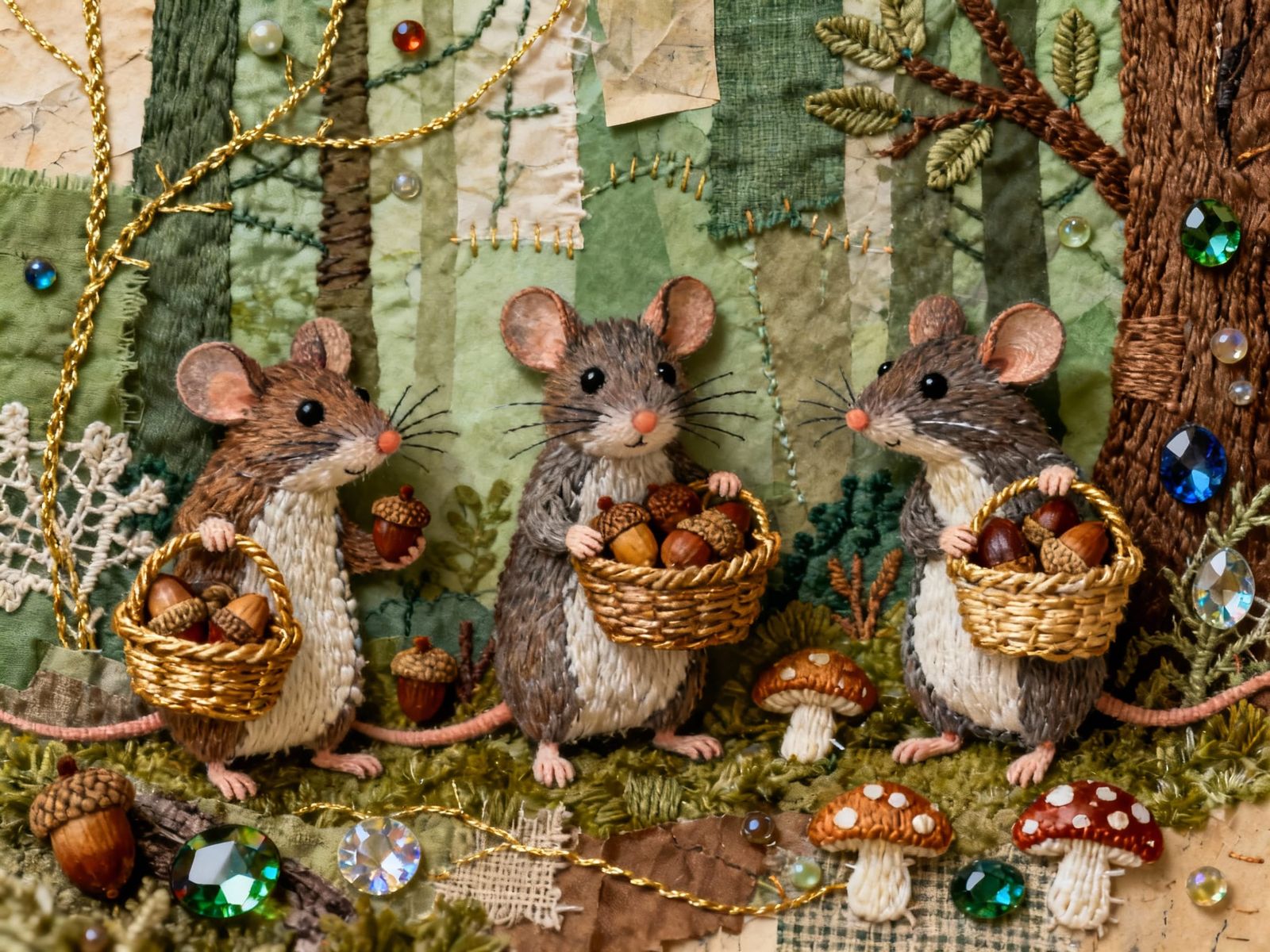 Mice Gathering Acorns and Mushrooms in Forest Collage