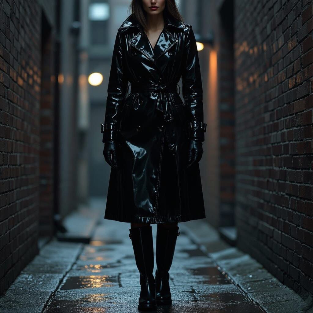 Woman in Shiny Black Trench Coat in Noir Style
