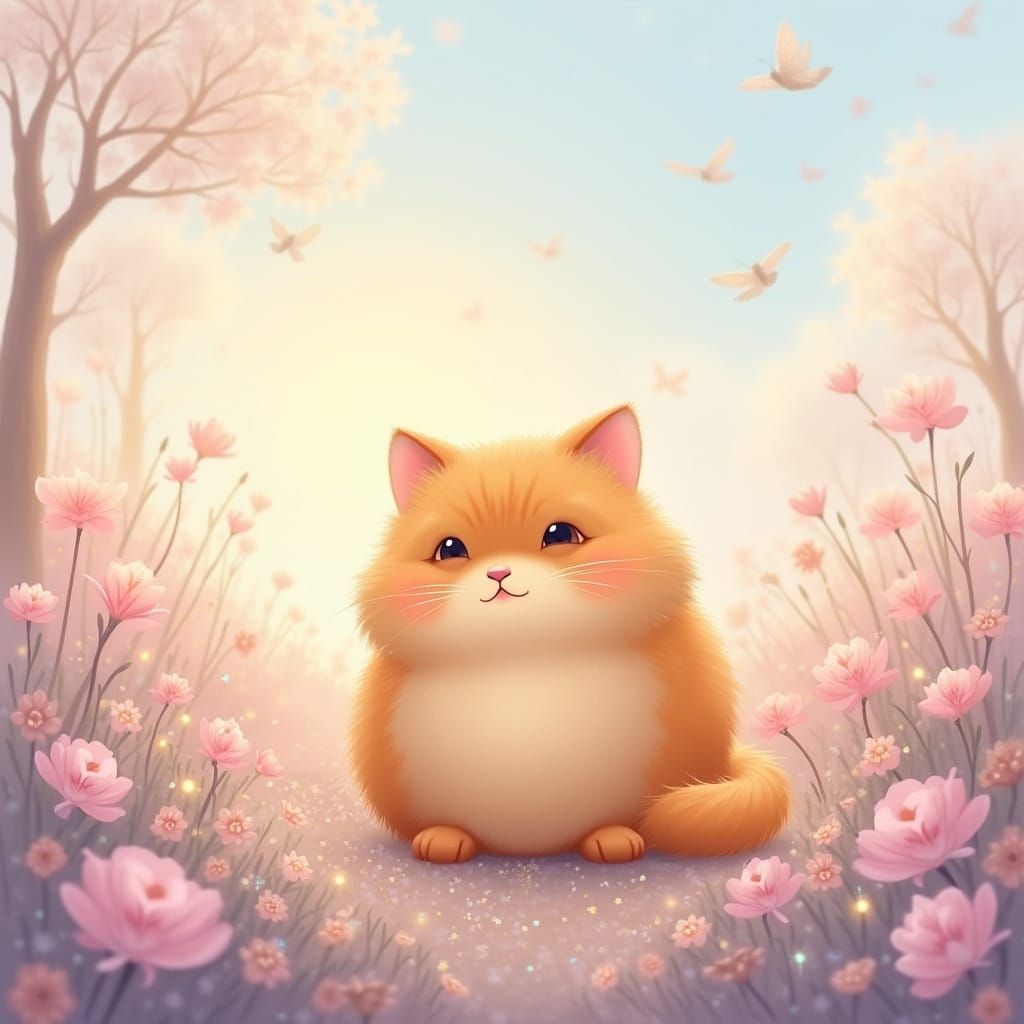 Spherical Fluffy Cat in Pastel Floral Landscape at Dawn