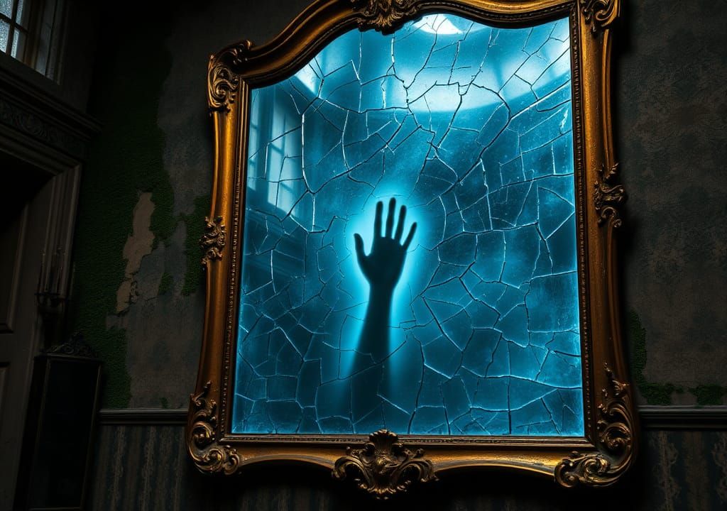 Ornate Cracked Mirror in Decaying Manor