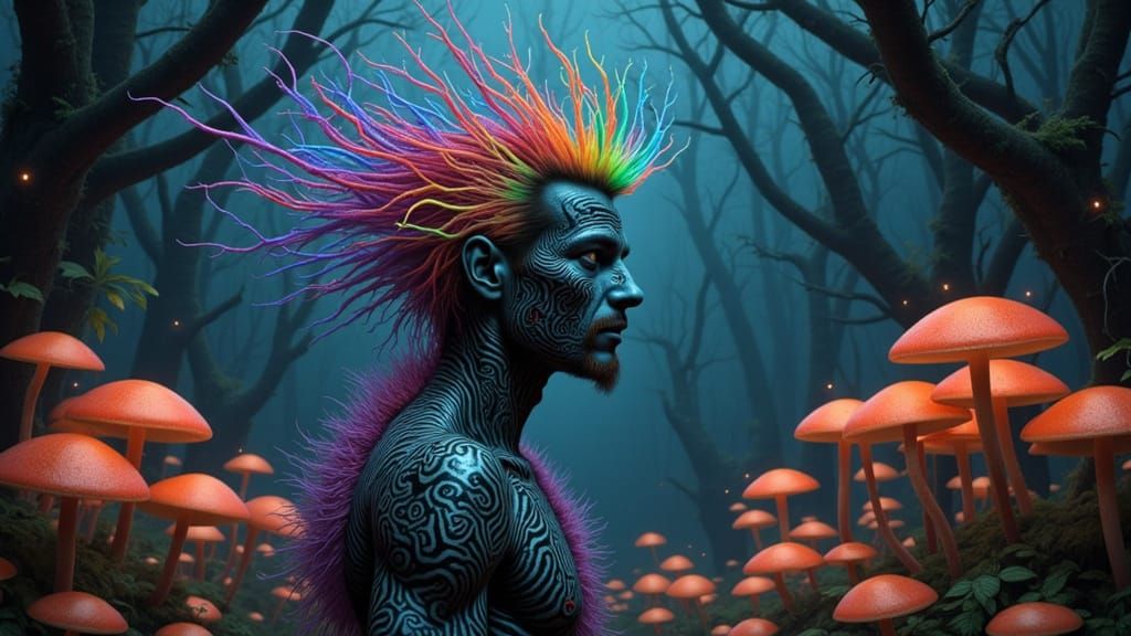 Fractal-Faced Shaman in Bioluminescent Grove, Hyperrealistic...
