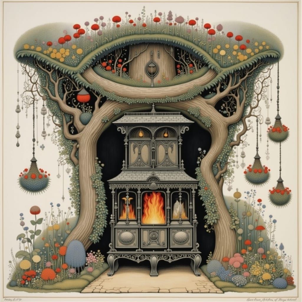 Intricate Enchanted World Coal Stove Scene