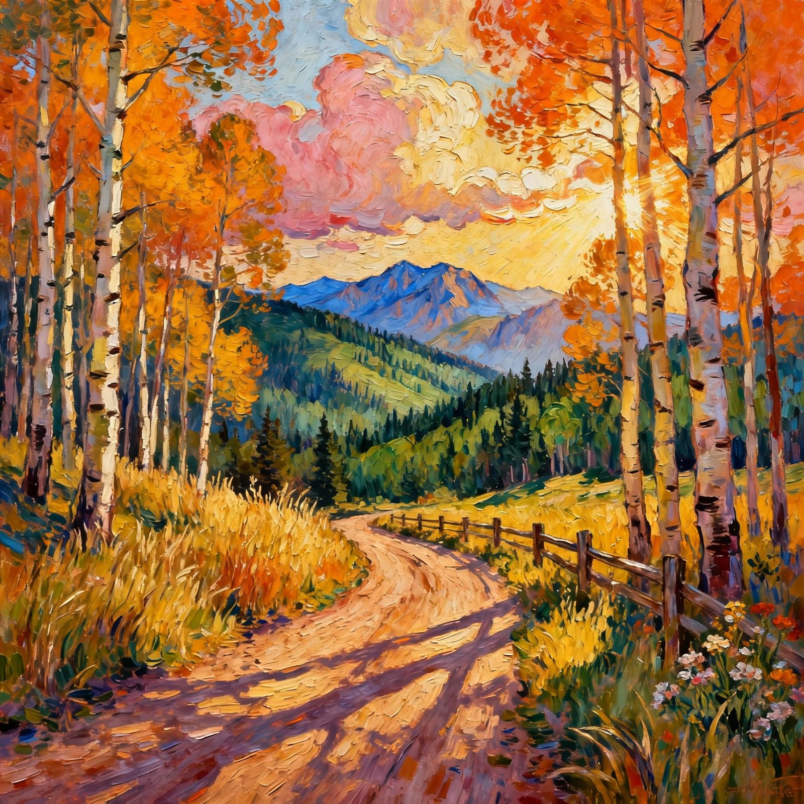 Golden Hour Aspen Forest Road with Mountains in Expressionis...