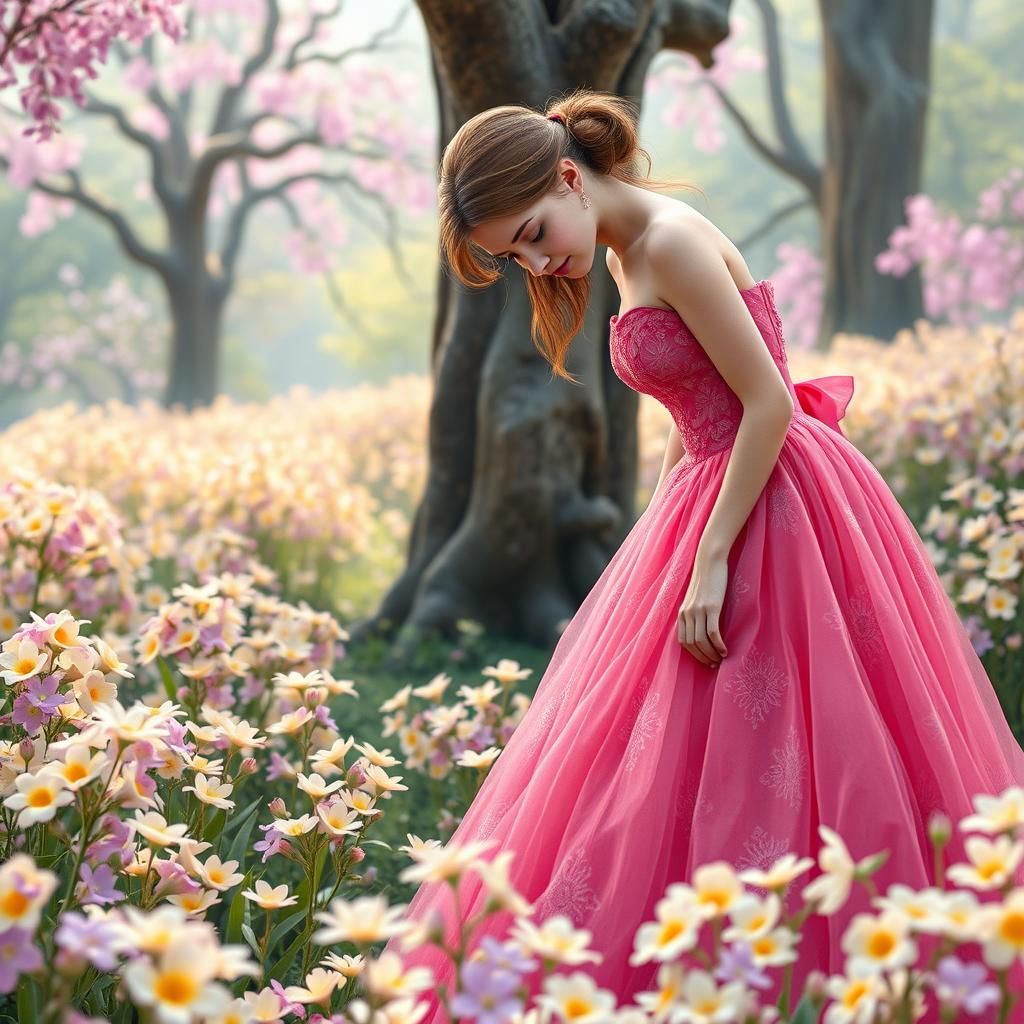 Princess in Floral Gown Picking Flowers, Dreamy Art Style
