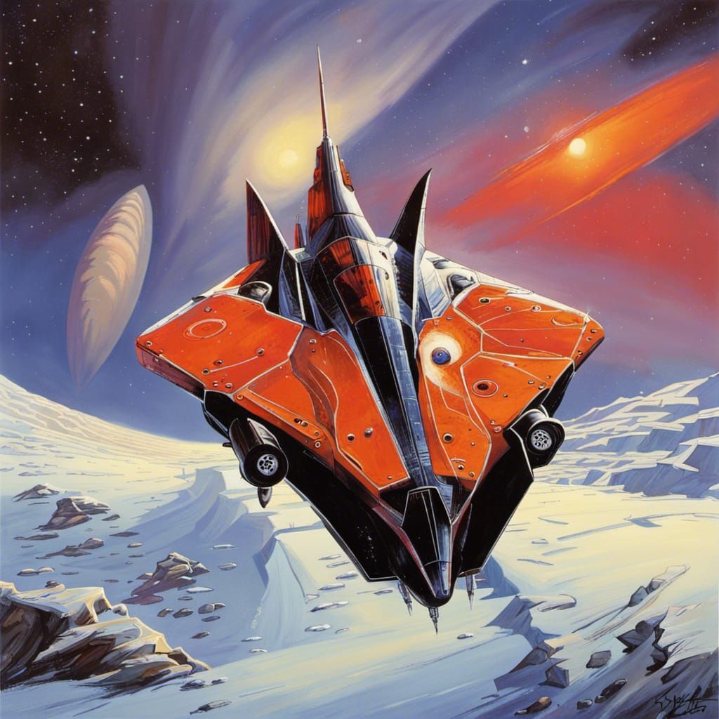 Retro Starship Over Icy Landscape, Sci-Fi Art