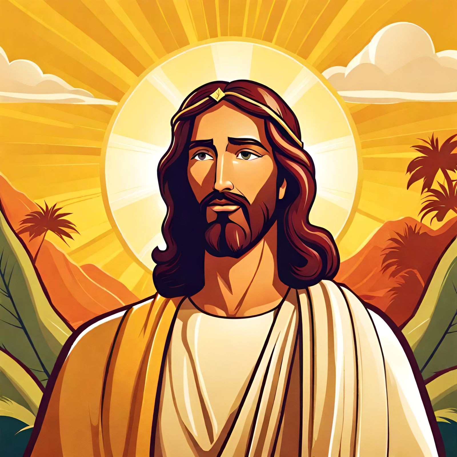 Peaceful Cartoon Jesus Portrait in Sunlight