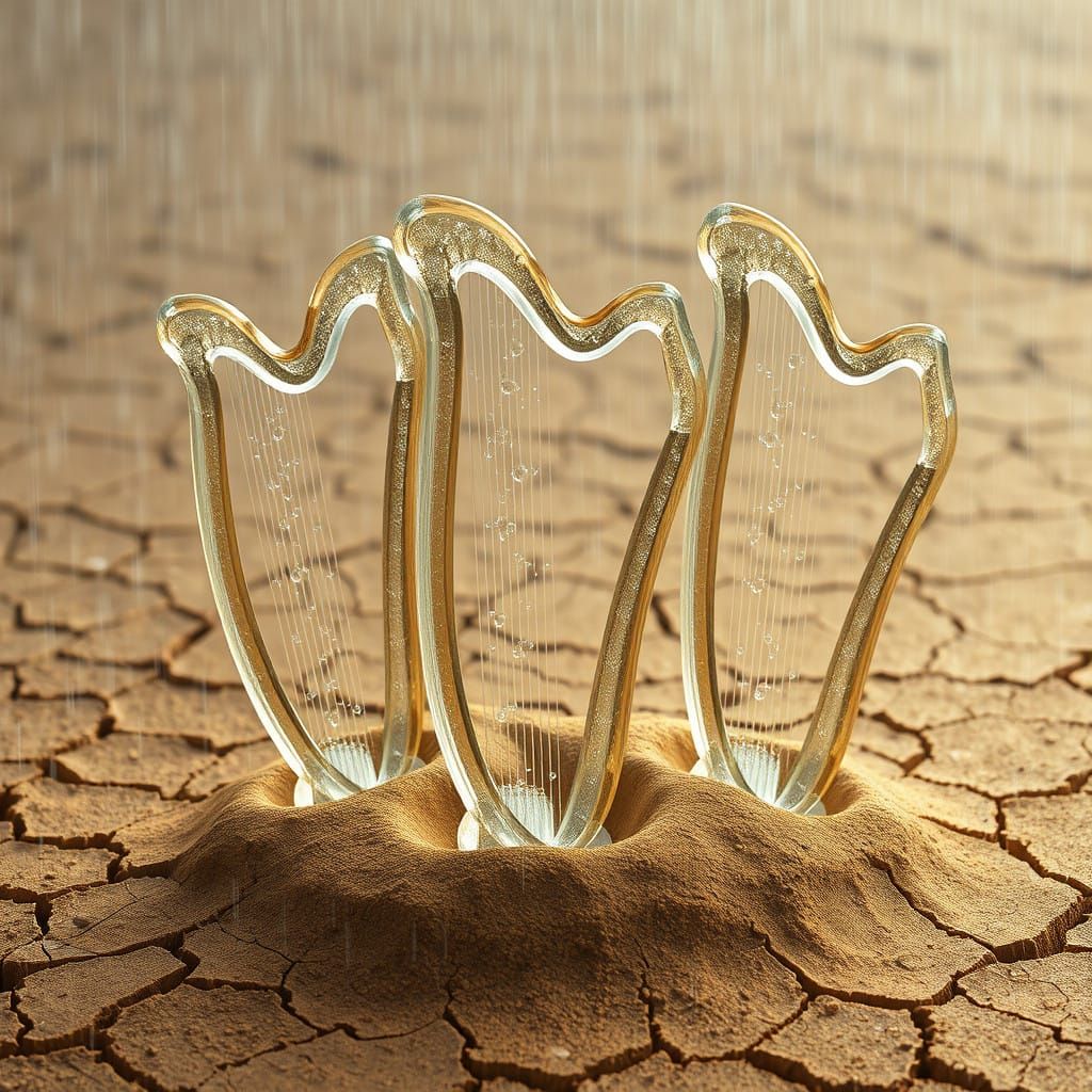 Ethereal Glass Harps Rise from the Parched Earth in a Rainy...