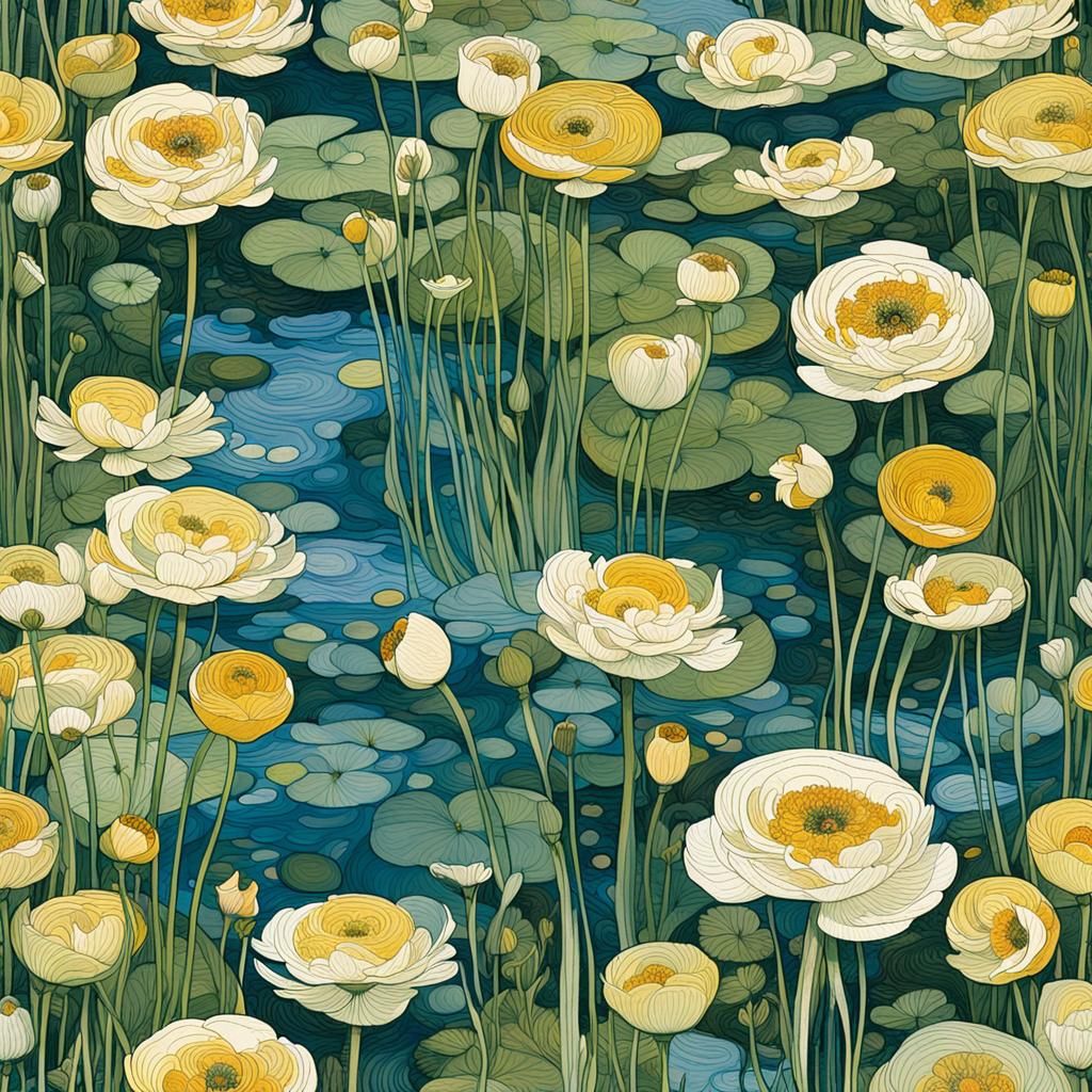 Luminous Crowfoot Carpet on Lake with Raging Mountain Stream...