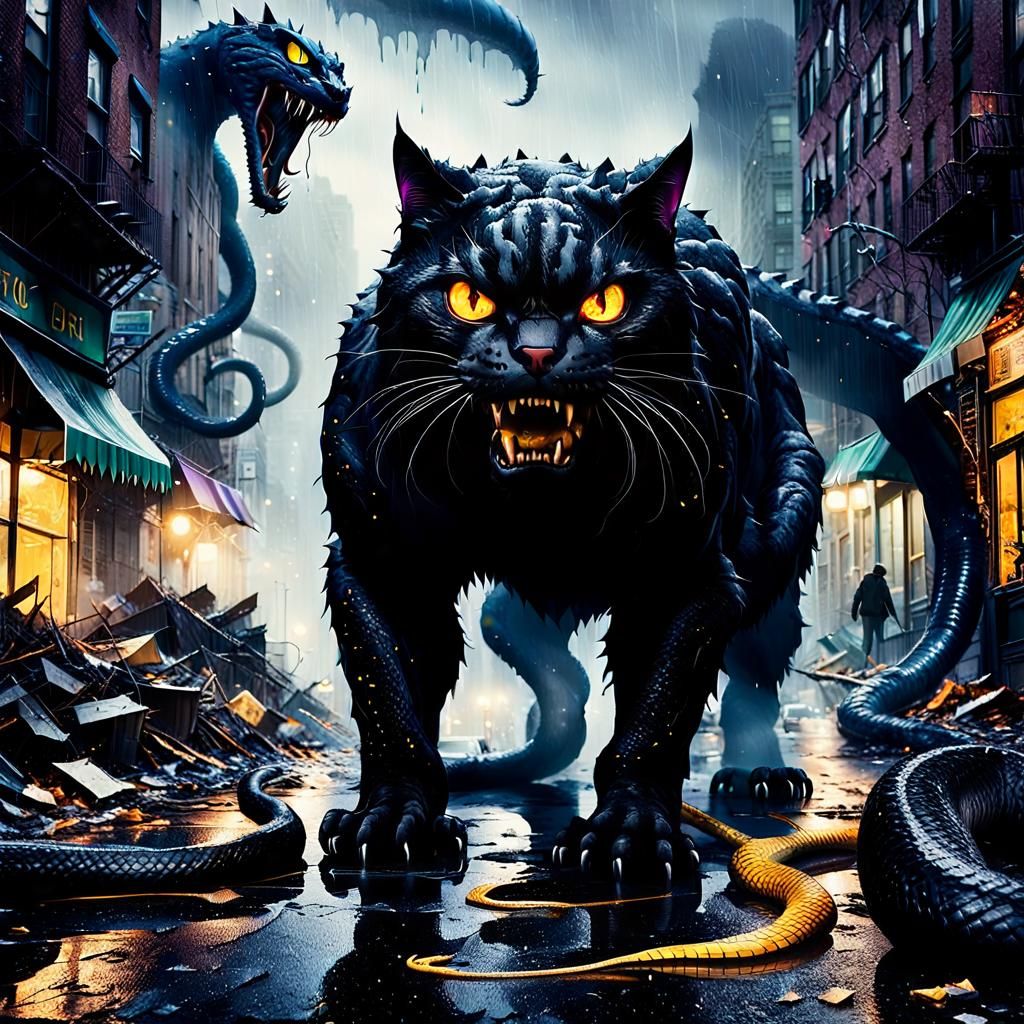 Giant Monster Cat Battles Snake in Rainy City