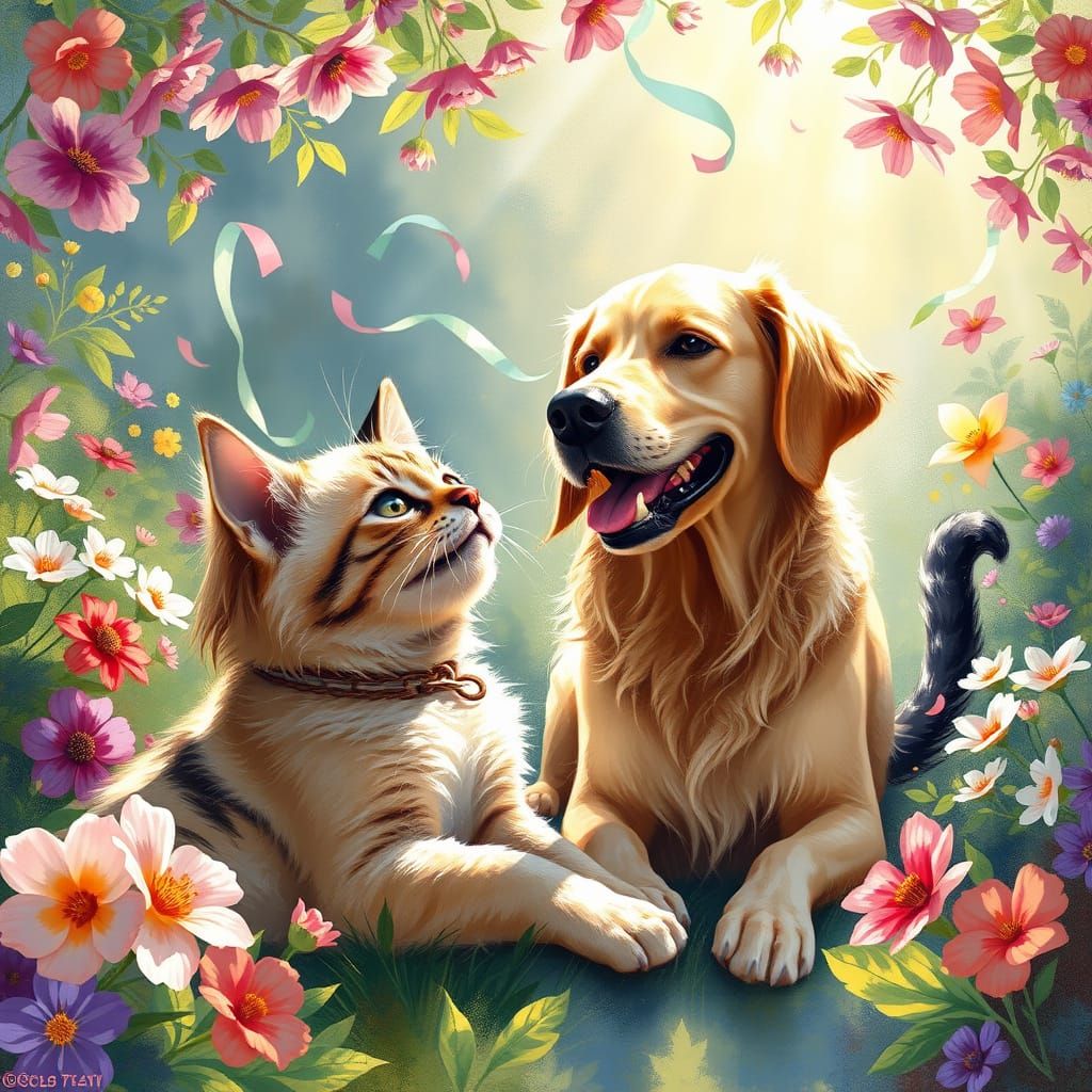 Joyful Canine and Feline Friends in Whimsical Garden Scene
