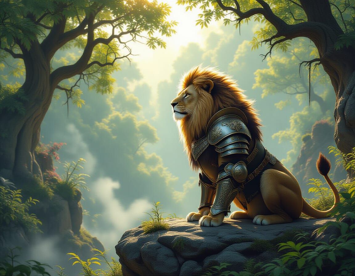 Armored Lion Surveys Enchanted Forest